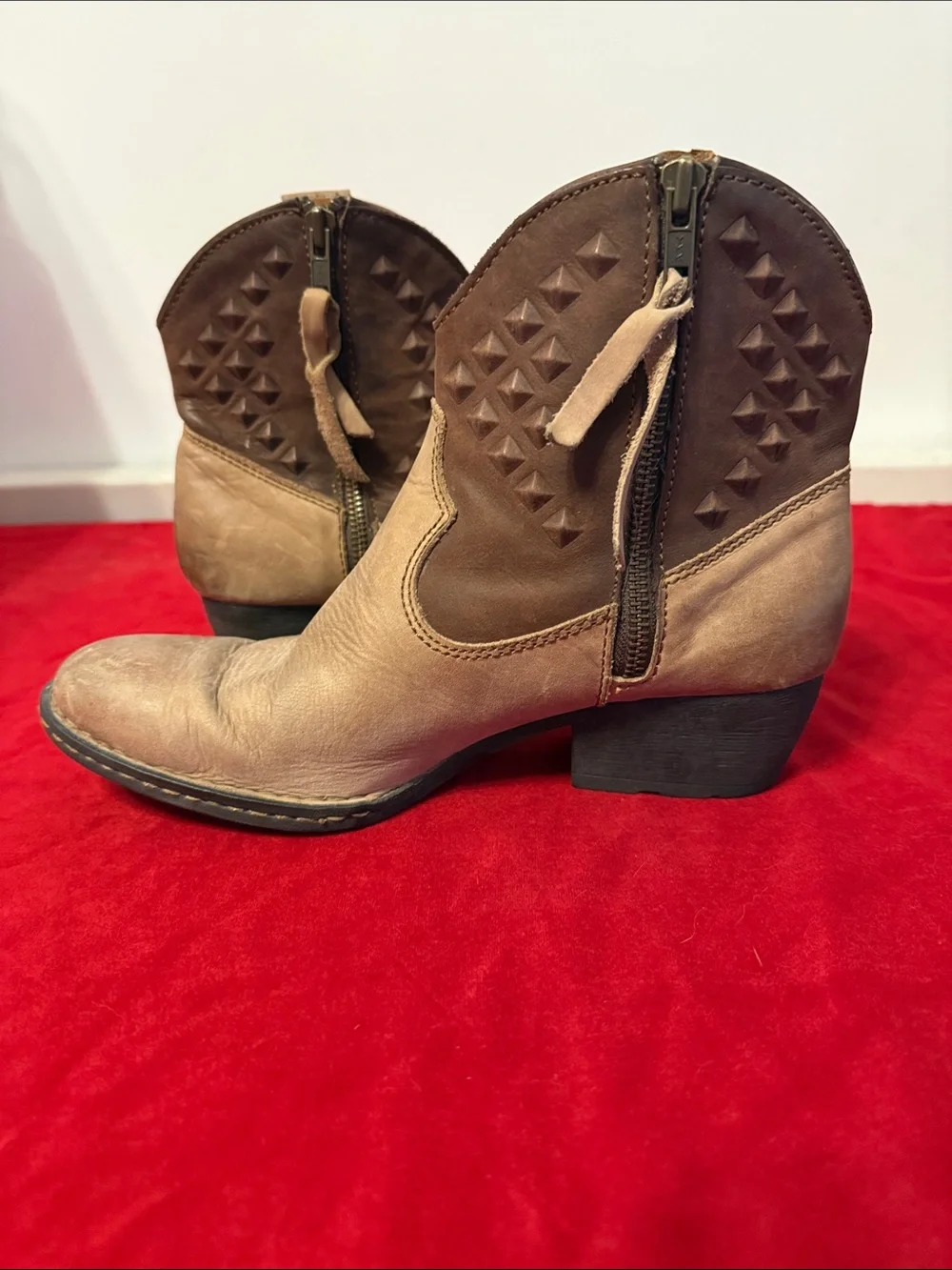 Born Women’s Two-Tone Tan Studded Western Ankle Boots